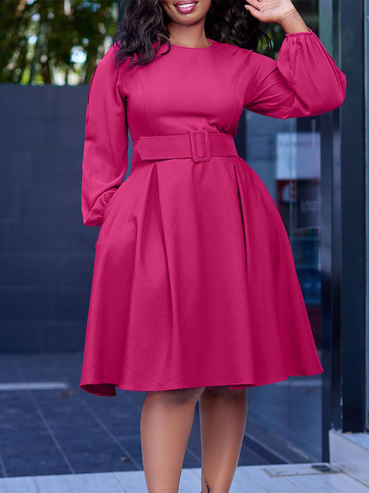 Long Sleeve Round Neck Ruched Midi Dress