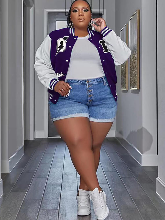 Plus Size Long Sleeve Printed Baseball Jackets