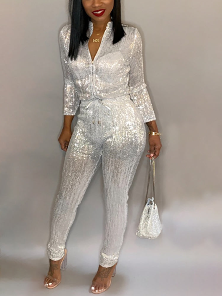 Long Sleeve Glitter Belted Jumpsuit
