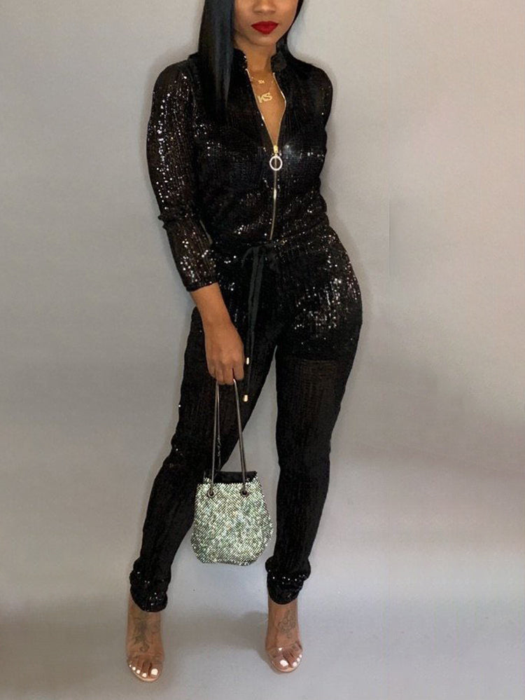 Long Sleeve Glitter Belted Jumpsuit