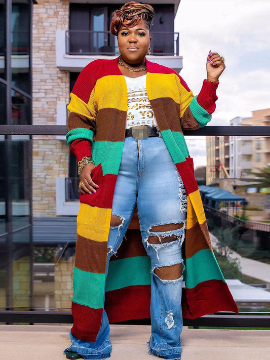 Plus Size Color Block Long Sleeve Sweater Cardigan