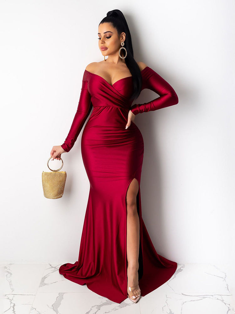 Long Sleeve Off Shoulder Split Maxi Dress