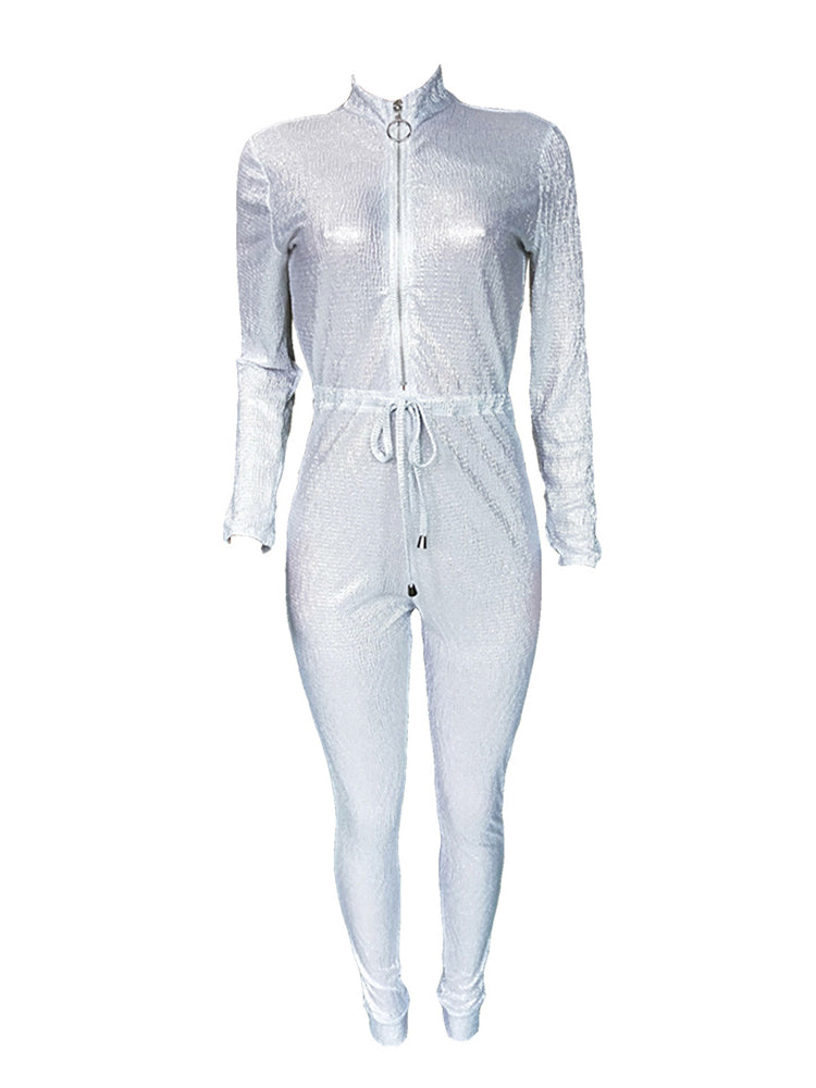 Long Sleeve Glitter Belted Jumpsuit