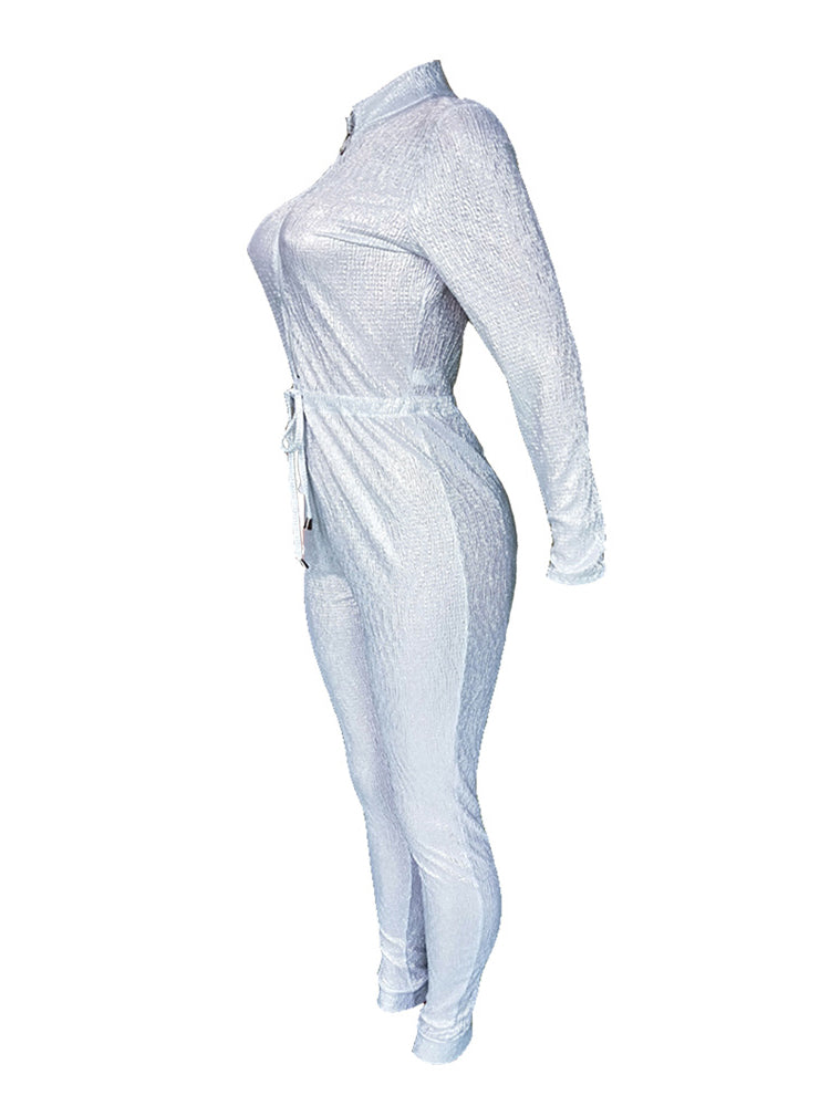 Long Sleeve Glitter Belted Jumpsuit