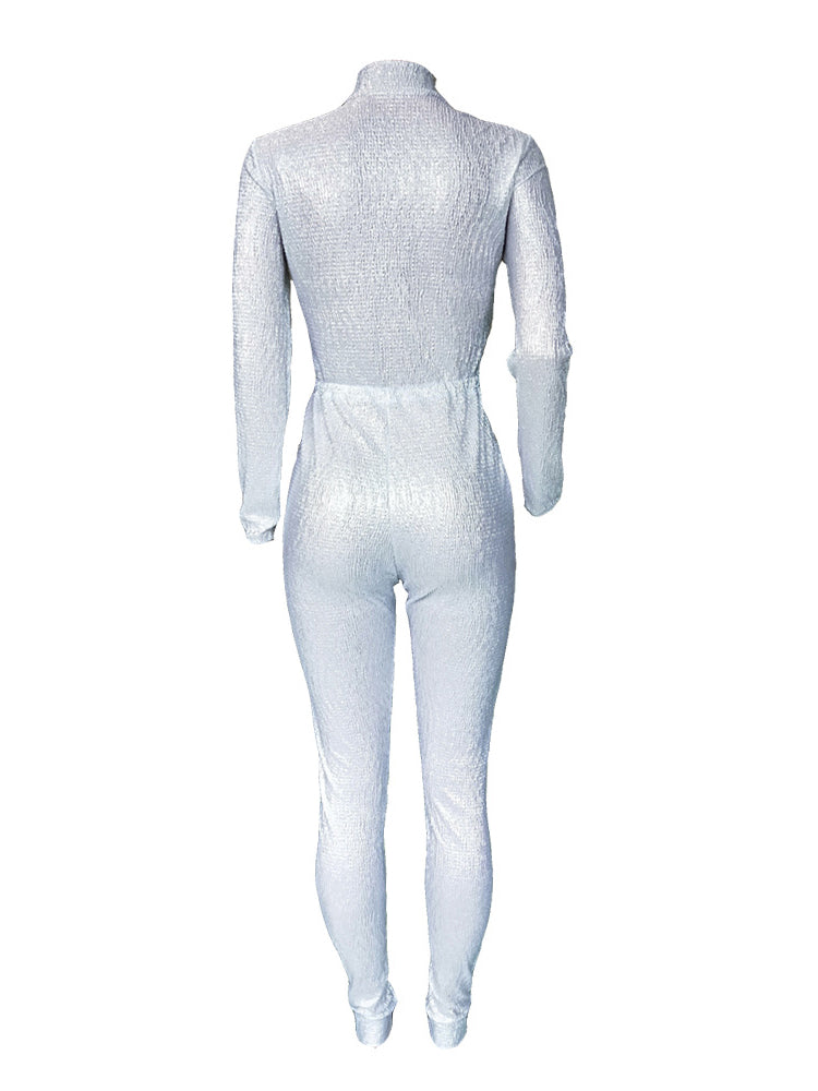Long Sleeve Glitter Belted Jumpsuit