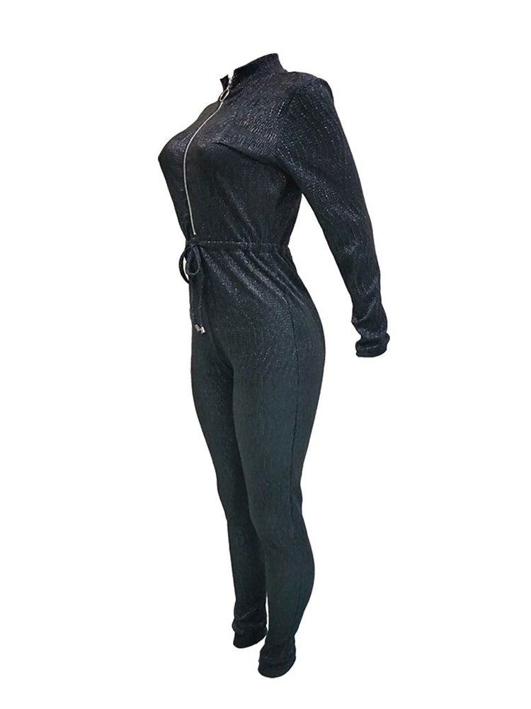Long Sleeve Glitter Belted Jumpsuit