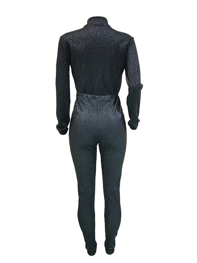 Long Sleeve Glitter Belted Jumpsuit