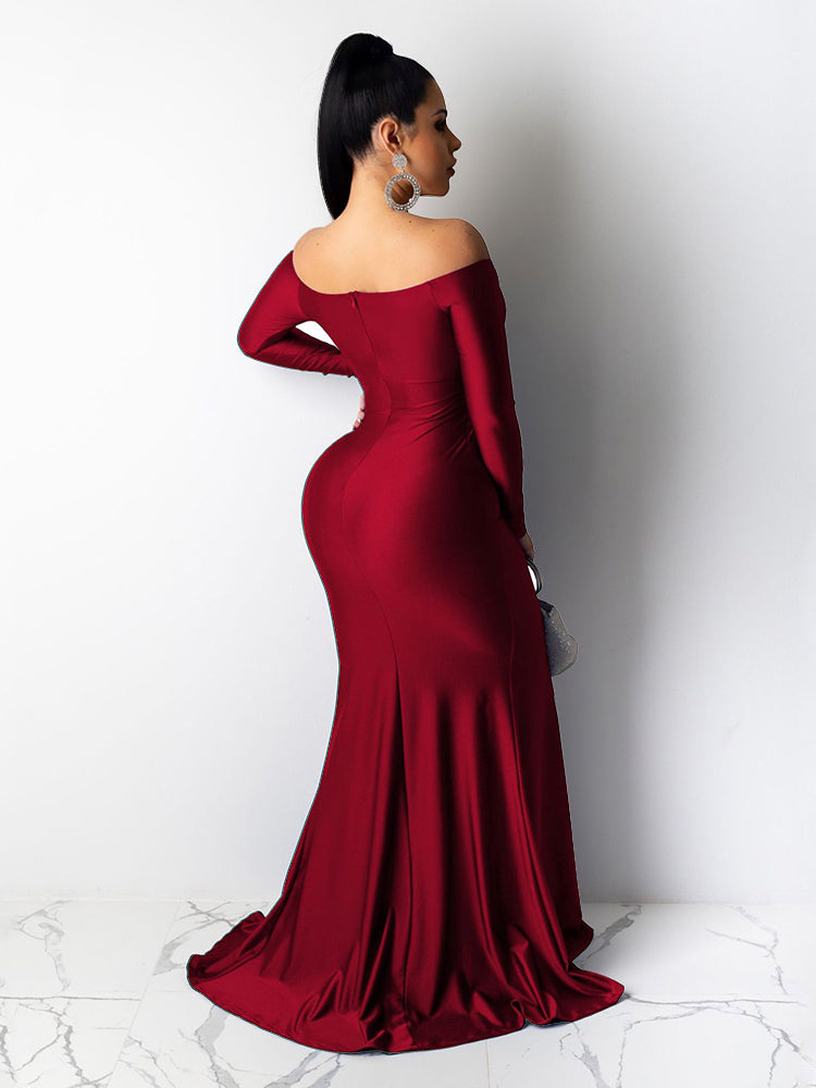 Long Sleeve Off Shoulder Split Maxi Dress