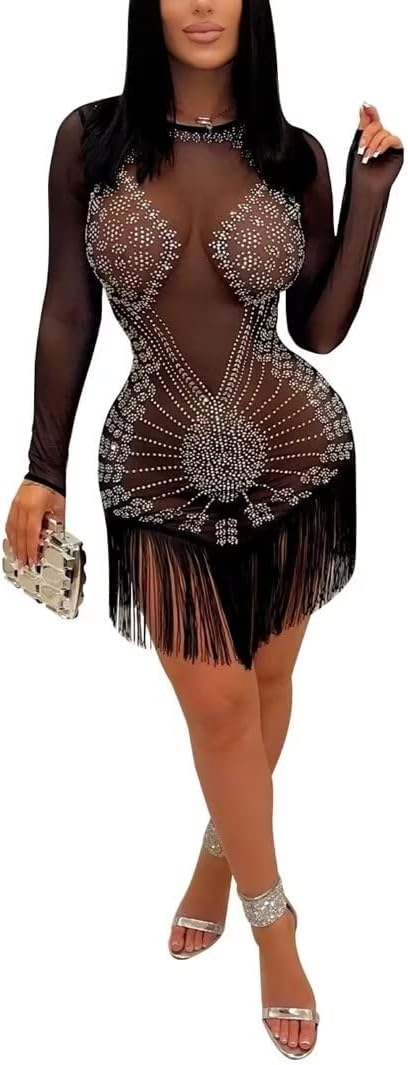 Long Sleeve Mesh Tassel Sparkle Rhinestone Dress