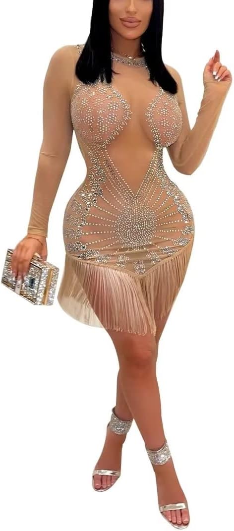 Long Sleeve Mesh Tassel Sparkle Rhinestone Dress