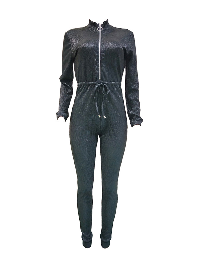 Long Sleeve Glitter Belted Jumpsuit