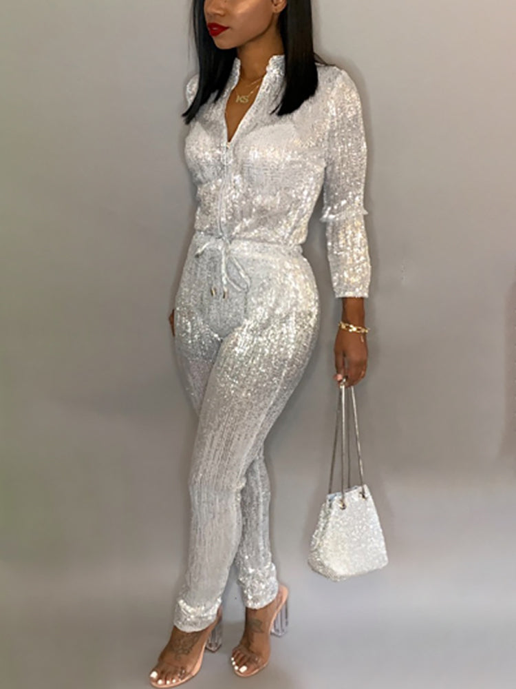 Long Sleeve Glitter Belted Jumpsuit
