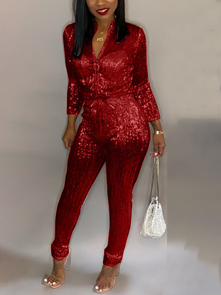 Long Sleeve Glitter Belted Jumpsuit
