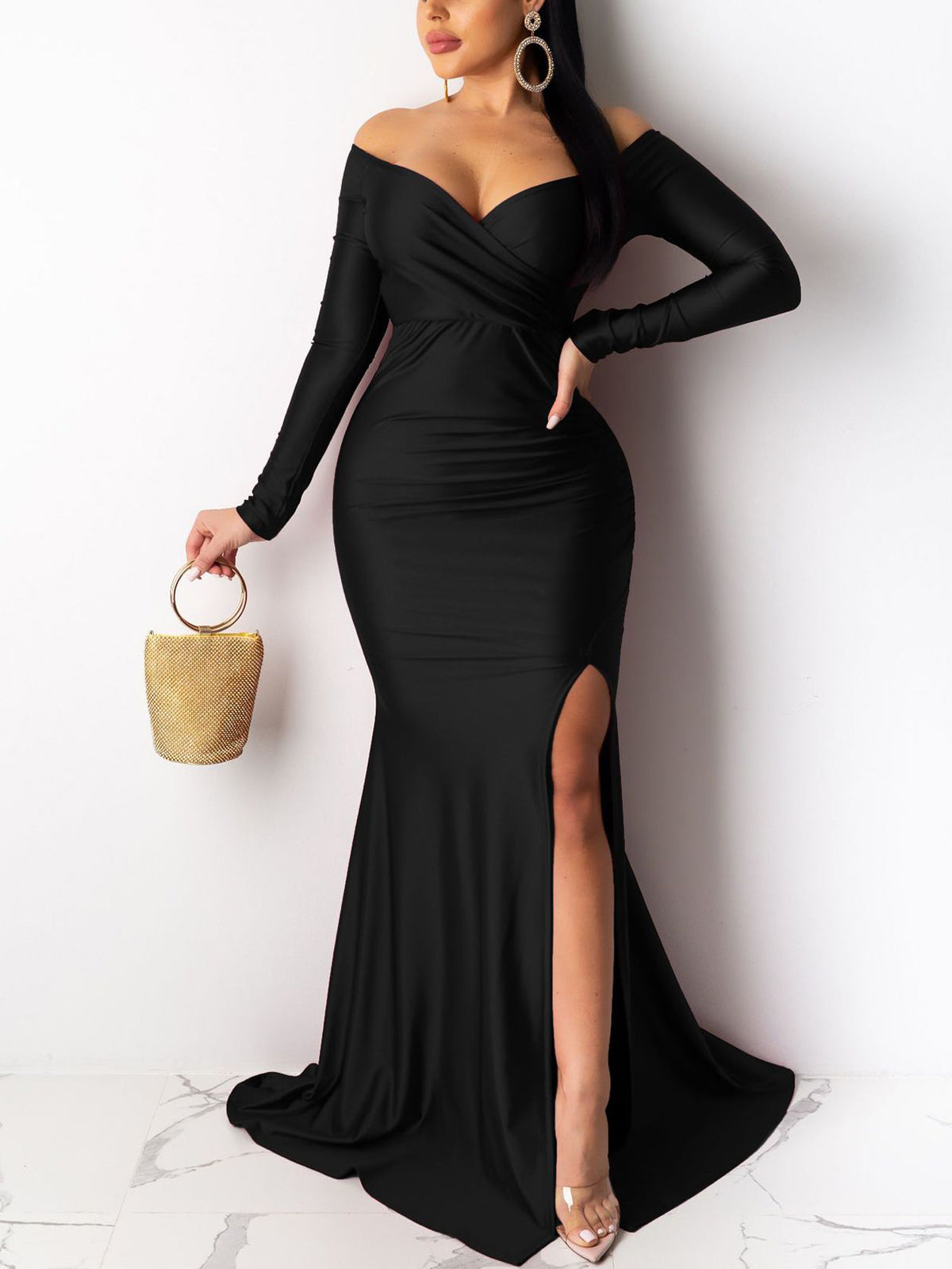 Long Sleeve Off Shoulder Split Maxi Dress